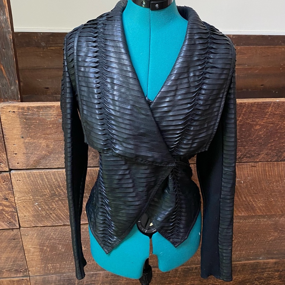 Blank NYC Asymmetrical Pintuck Vegan Leather Jacket w/ Shawl Collar